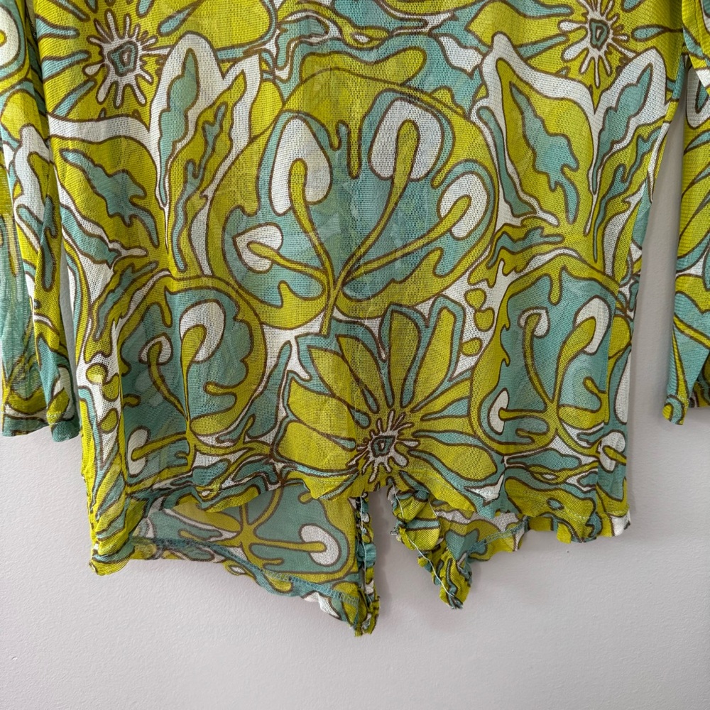 Lynn Ritchie 100% Silk Sheer Mesh Ruffle Groovy Floral Top Medium - Picture 10 of 14